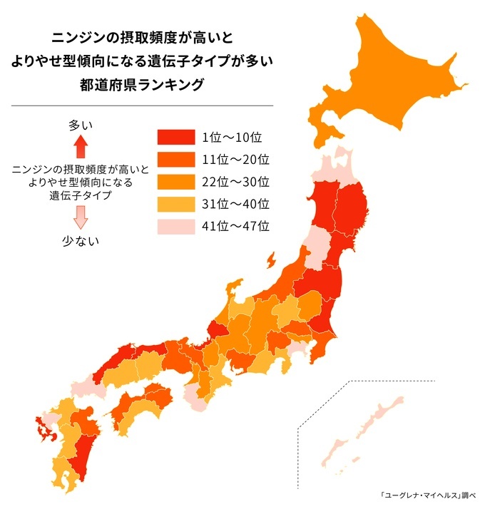 ニンジンの摂取頻度が高いとやせ型傾向になる遺伝子タイプが多い都道府県ランキングを発表